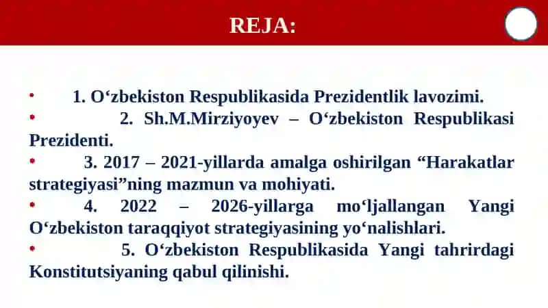 Yangi O‘zbekistonda Prezident Sh.M.Mirziyoyev Rahbarligi va Tashabbusi Ostida Amalga Oshirilayotgan Ishlohlar 2