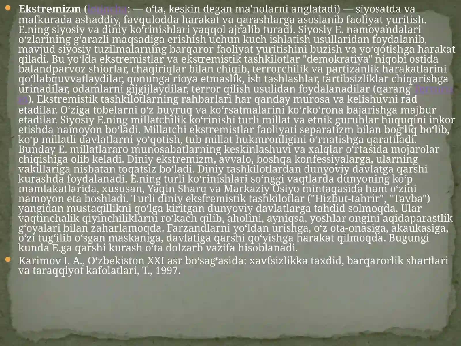 Ekstremizm va aqidaparastlik-O’zbekiston mustaqilligi uchun tahdid sifatida 2