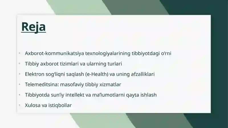 Tibbiyot Masalalarini yechishda axborot komunikatsiya texnalogiyalari 2