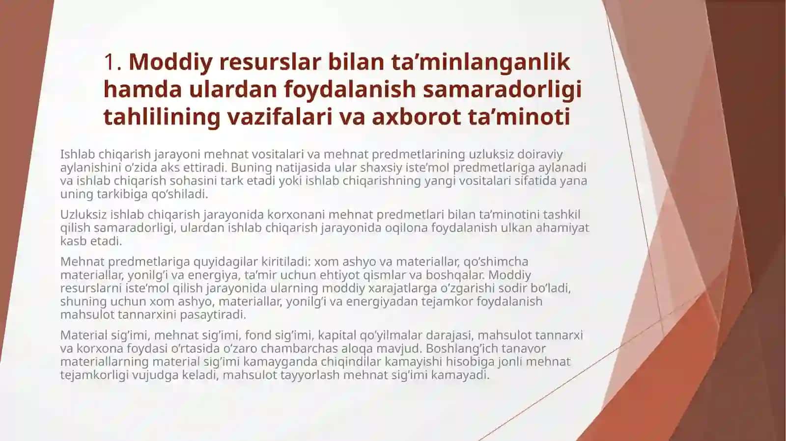 Moddiy resurslar bilan ta’minlanganlik va ulardan foydalanish tahlili 2