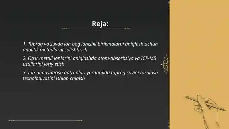Tuproq suvning ifloslanishida ion boģlanishli bikmalarni aniqlab ulardan tozalash ģoyadini ishlab chiqarish 2