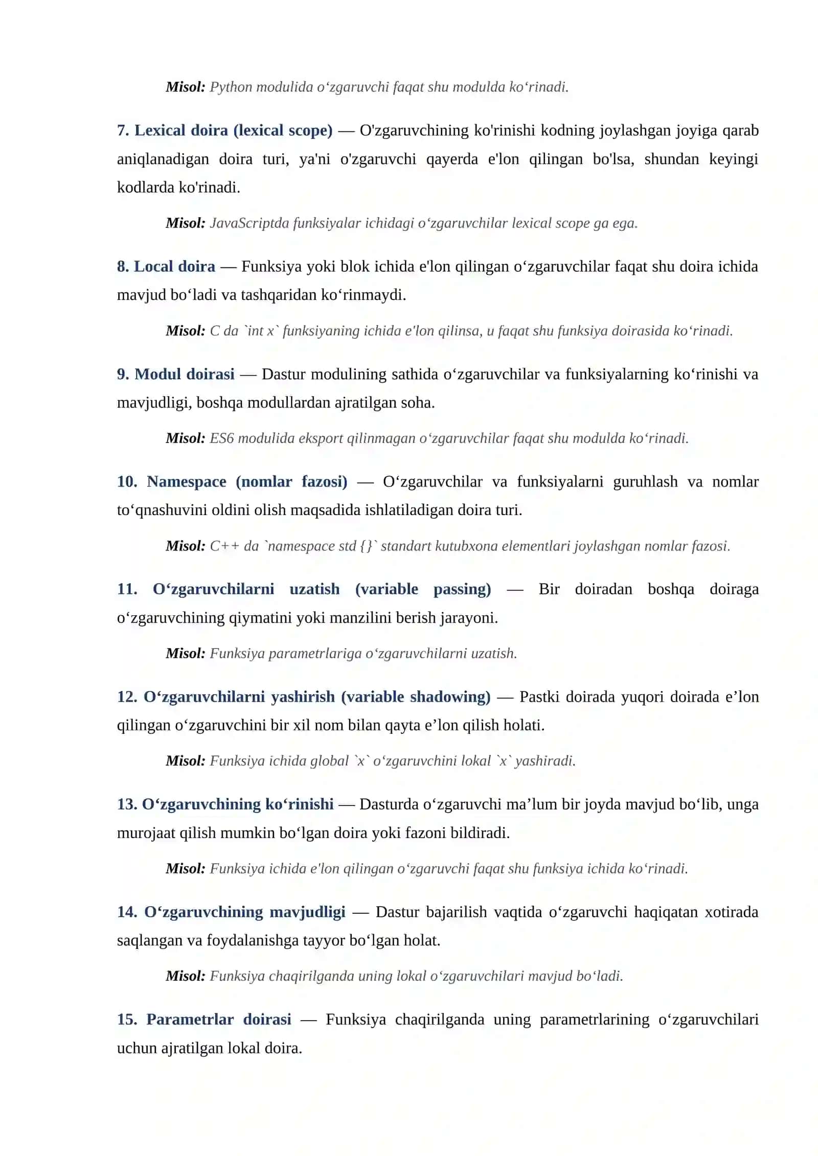 O'zgaruvchining Qo'llanilish Sohasi (Scope Rules) Terminlari Lug'ati 2