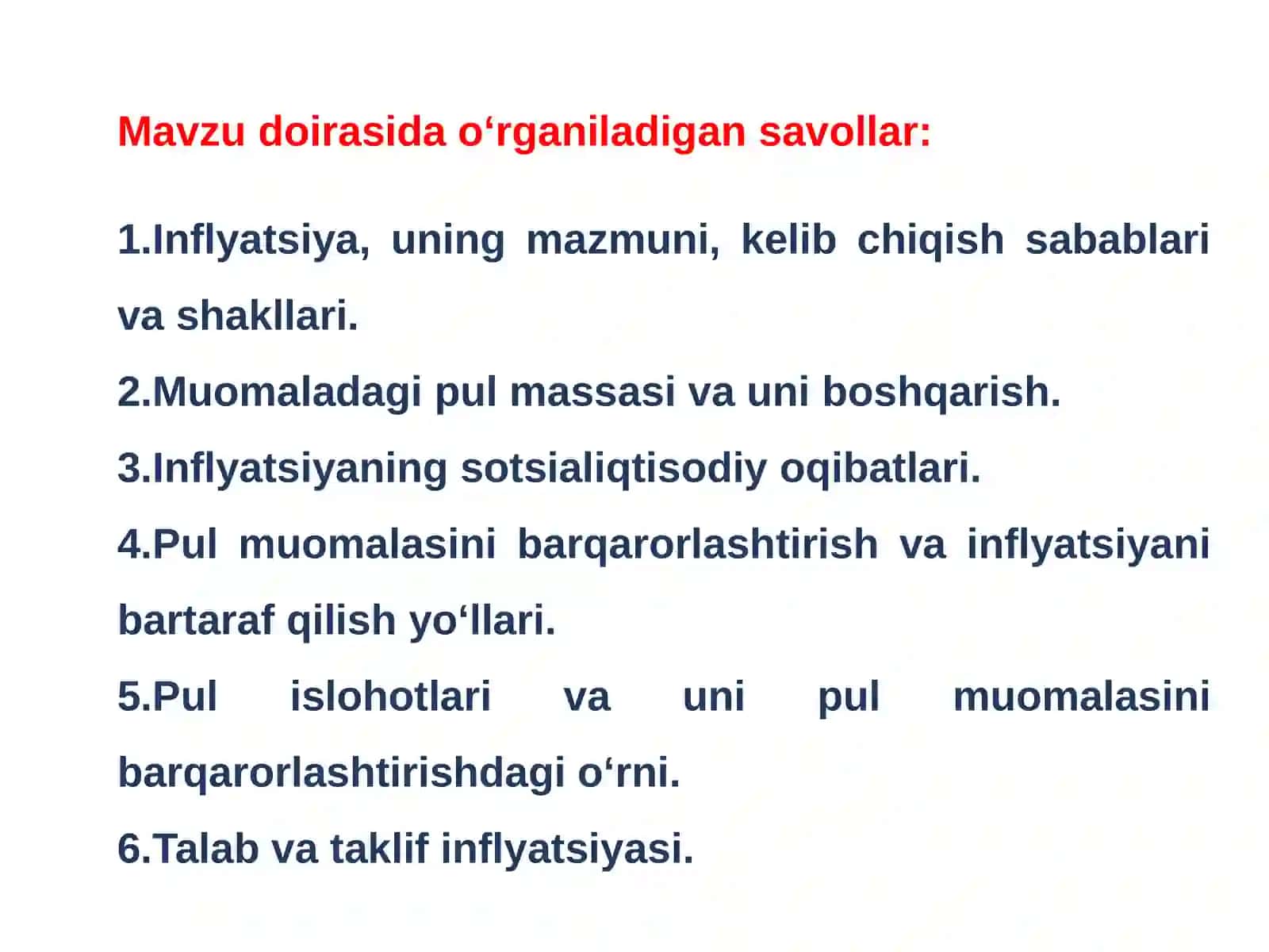 Inflyatsiya va uning turlari. Pulning barqarorligini ta’minlash yo‘llari 2