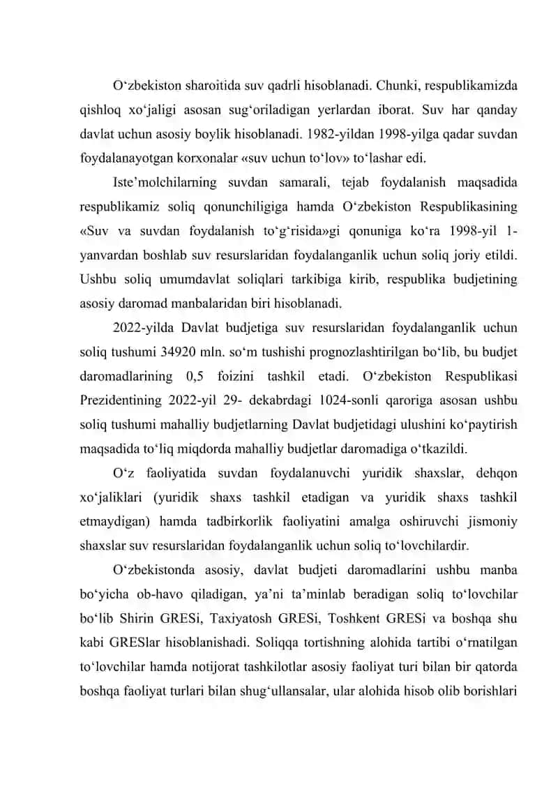 SUV RESURSLARIDAN FOYDALANGANLIK UCHUN SOLIQNI HISOBLAB CHIQARISH VA SOLIQ HISOBOTINI TAQDIM ETISH TARTIBI 2
