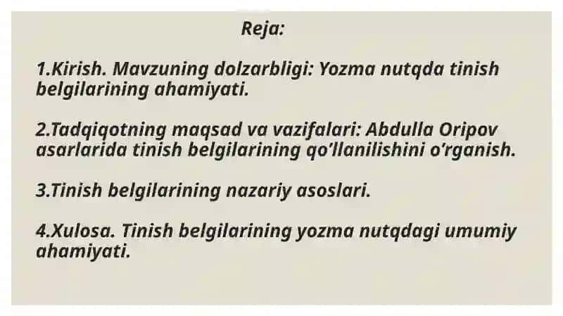 Yozma nutqda tinish belgilarining qo’llanish qoidalari.(A.Oripov asarlari misolida) 2