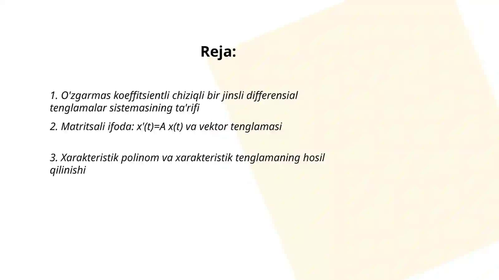 O'zgarmas koeffisentli chiziali bir jinslimas differensial tenglamalar sistemasi 2