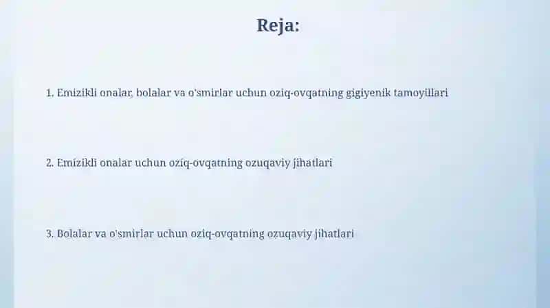 Emizikli ayollar bolalar va oʻsmirlar ovqatining gigiyenik asoslari ovqatlanish jihatlari 2