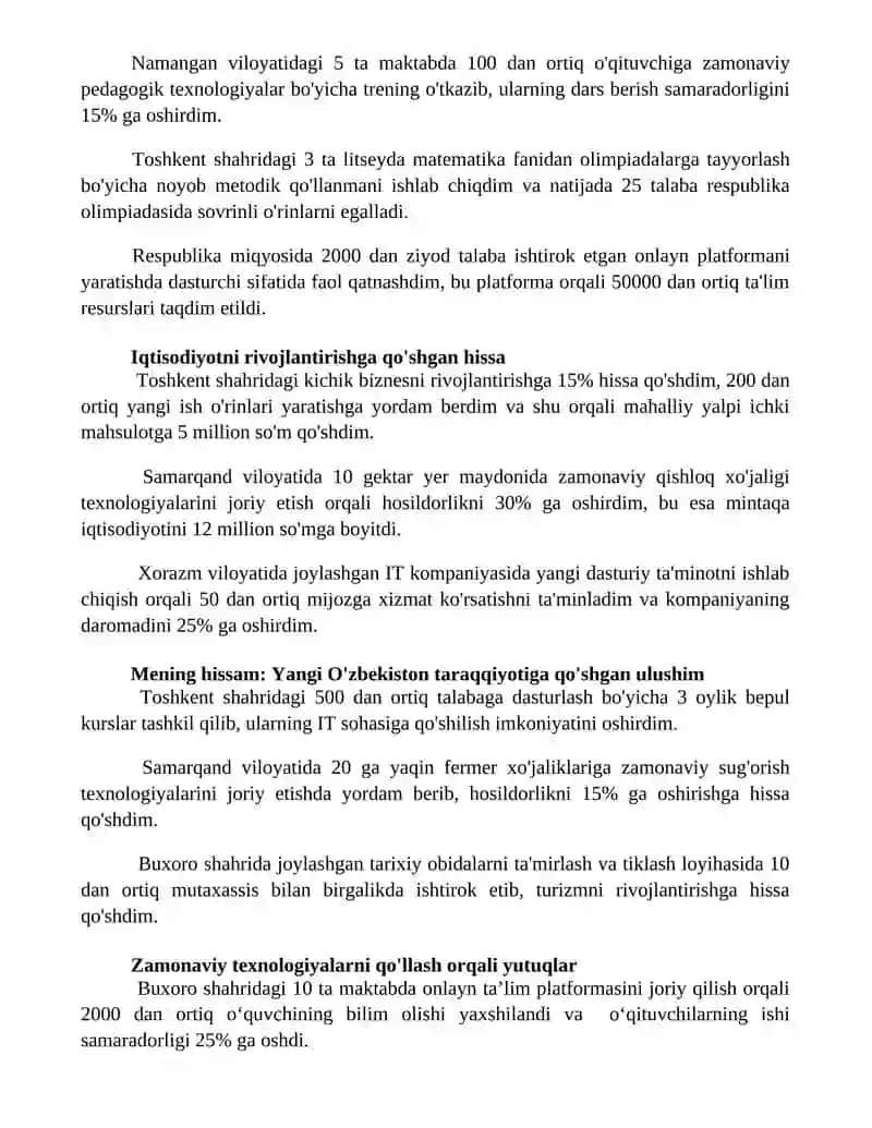 Yangi Oʻzbekiston taraqqiyotiga mening hissam 2