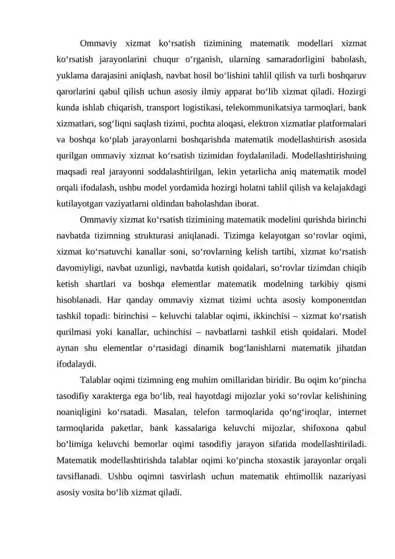 OMMAVIY XIZMAT KO‘RSATISH TIZIMINING MATEMATIK VA SIMULYATSIYALASH MODELLARI 2