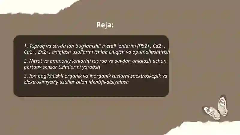 Tuproq va suvda ion bog‘lanishli metall ionlarini (Pb2+, Cd2+, Cu2+, Zn2+) aniqlash usullarini ishlab chiqish va optimallashtirish 2