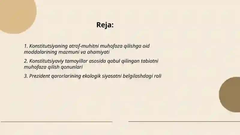 Konstitutsiya moddalarda tabiatni asrashga doir qonunlar. Prezident qarorlar 2