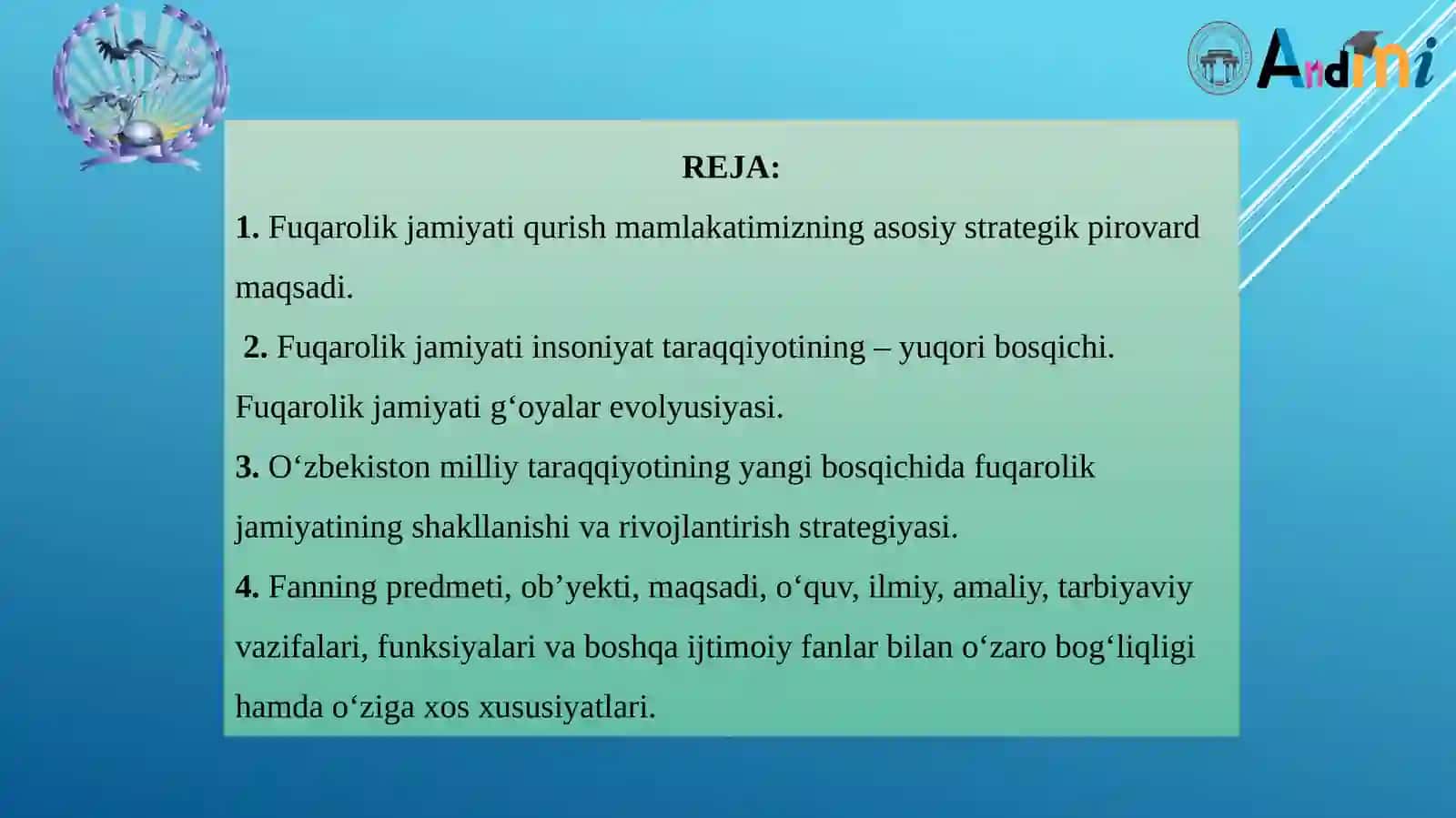 Fuqarolik jamiyati qurishi mamlakatimizning asosiy strategik pirovard maqsadi 2