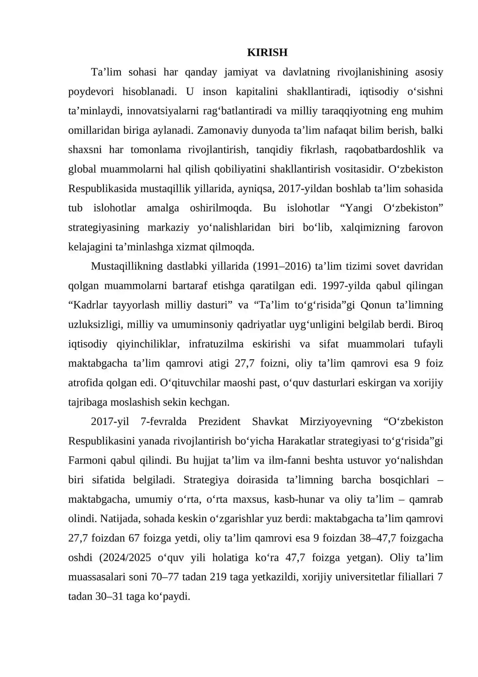 O'ZBEKISTON RESPUBLIKASIDA TA'LIM SOHASIDA AMALGA OSHIRILGAN ISLOHOTLAR 2