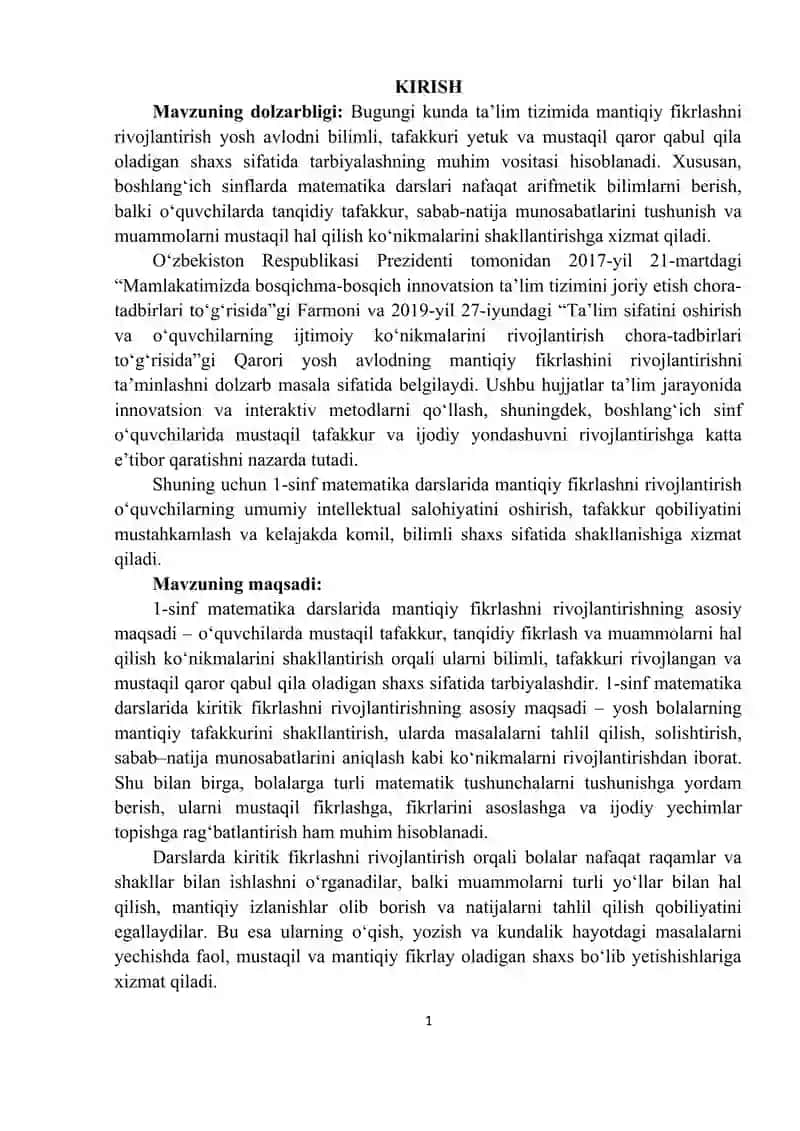 1-sinf matematika darslarida kiritik fikrlashni rivojlantirish 2