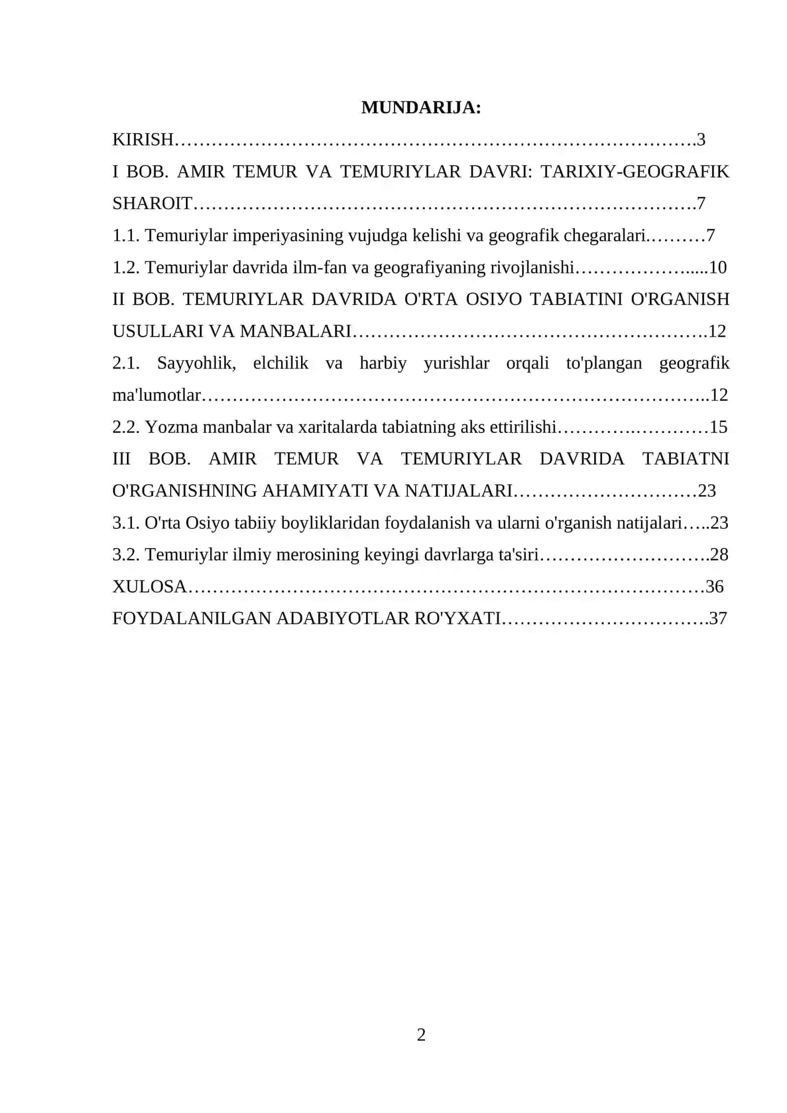 Аmir tеmur vа Tеmuriуlаr dаvridа О`rtа Оsiуоning о`rgаnilish dаrаjаsi mavzusida kurs ishi 2