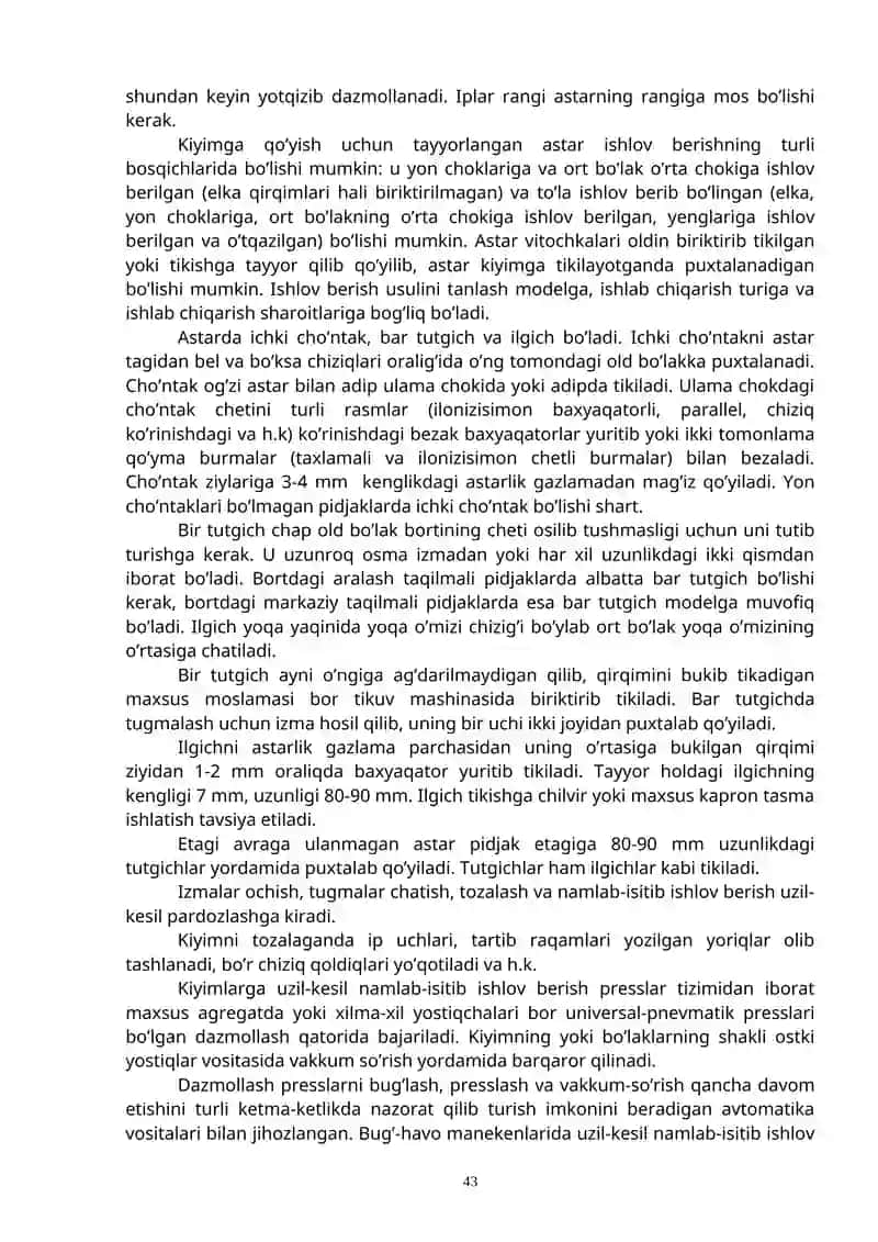 «Ayollar pidjagining astarini tayyorlash va avrani astar bilan birlashtirish va oxirgi ishlov NII berish» 2