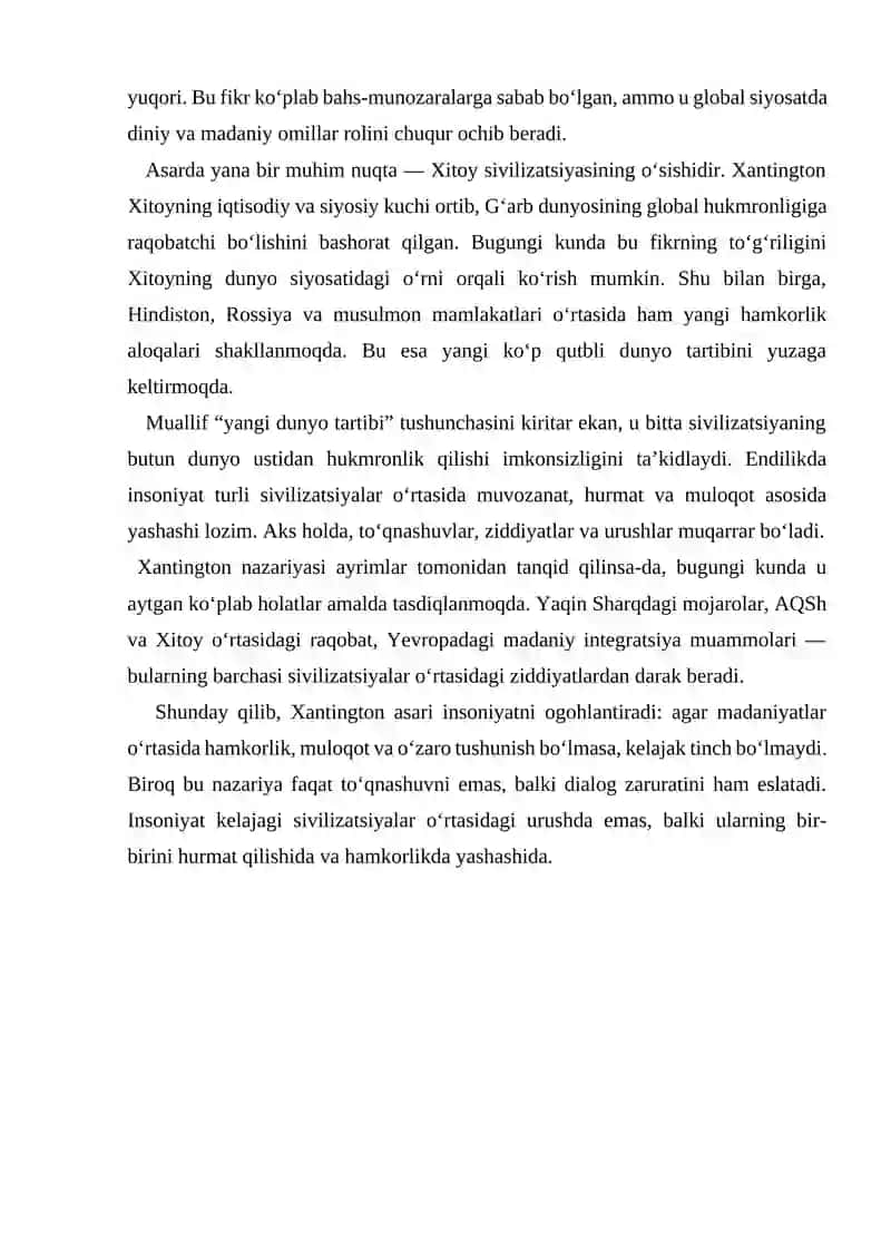 Samuel Hantingtonning “Sivilizatsiyalar to‘qnashuvi va yangi dunyo tartibi” 2