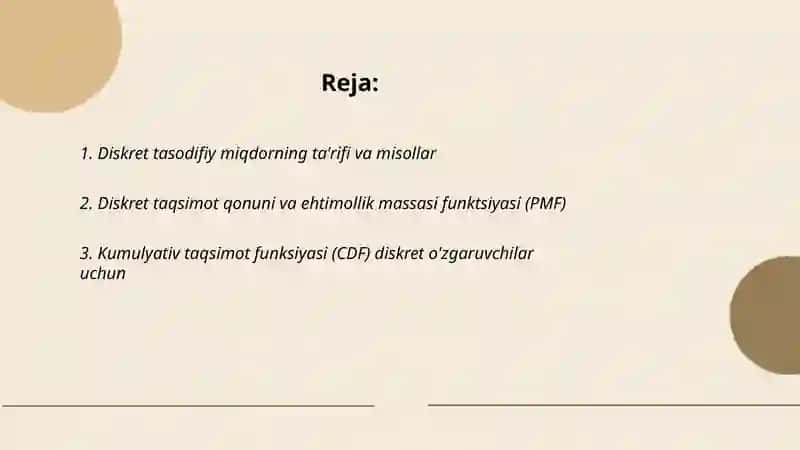 Diskret tasodifiy miqdorlar. Taqsimot qonuni. Diskret taqsimotlarning turlari 2