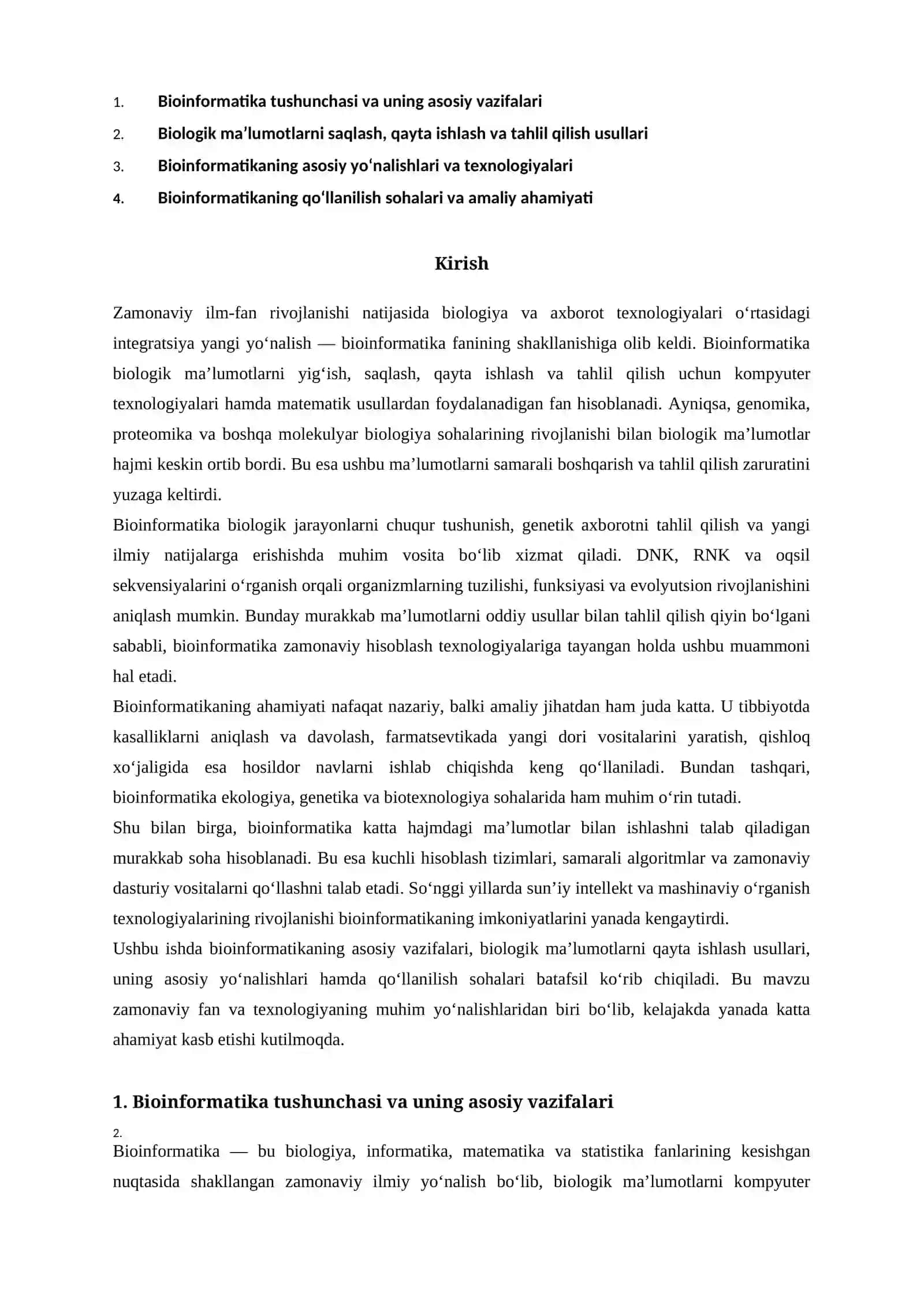 Bioinformatikaning asosiy vazifalari va qo‘llanilish sohalari 2