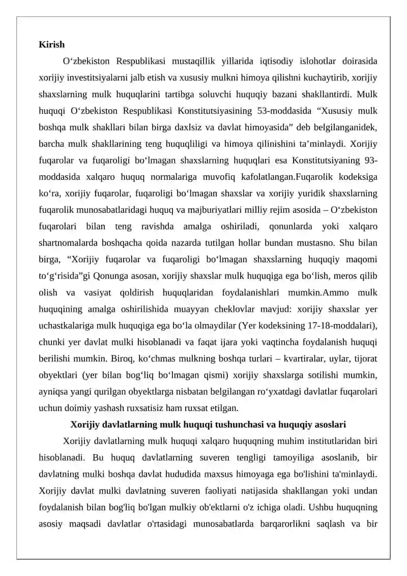 Xorijiy davlatlarning O‘zbekiston Respublikasida mulk huquqi 2