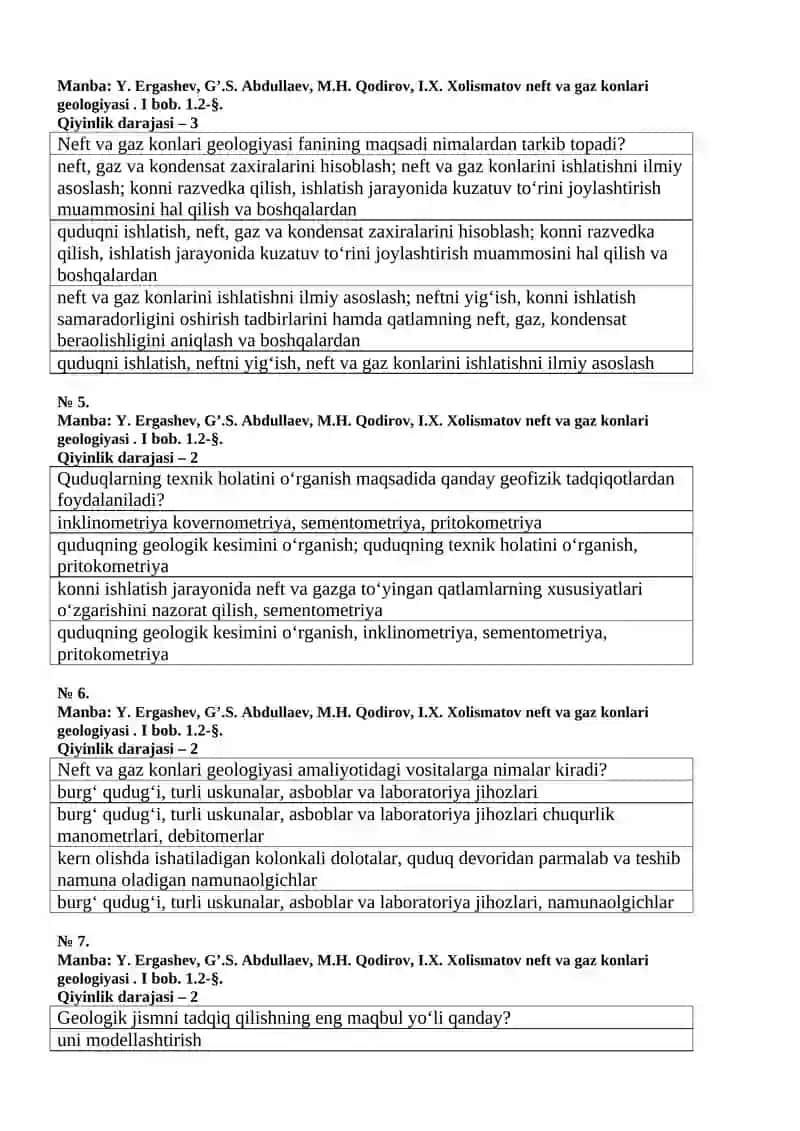 Neft va gaz konlari geologiyasi Attestatsiya testi savollari 2
