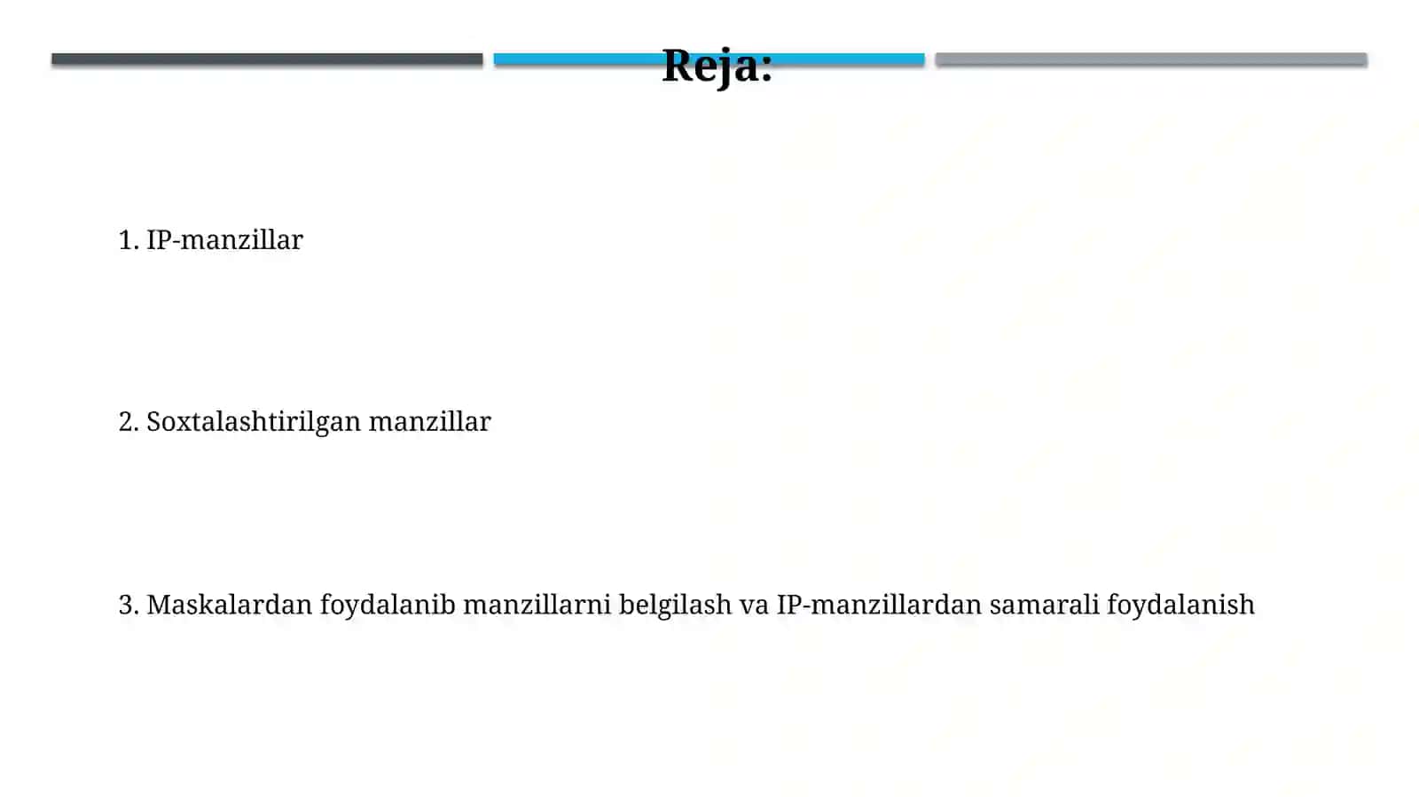 IP adreslar. Snifli adreslar. Maskalar yordamida adreslash. IP adreslardan tejamkor foydalanish. Shahobjon toshpolatov 2