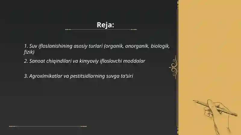Suv ifloslanishining asosiy turlari (organik, anorganik, biologik, fizik) 2