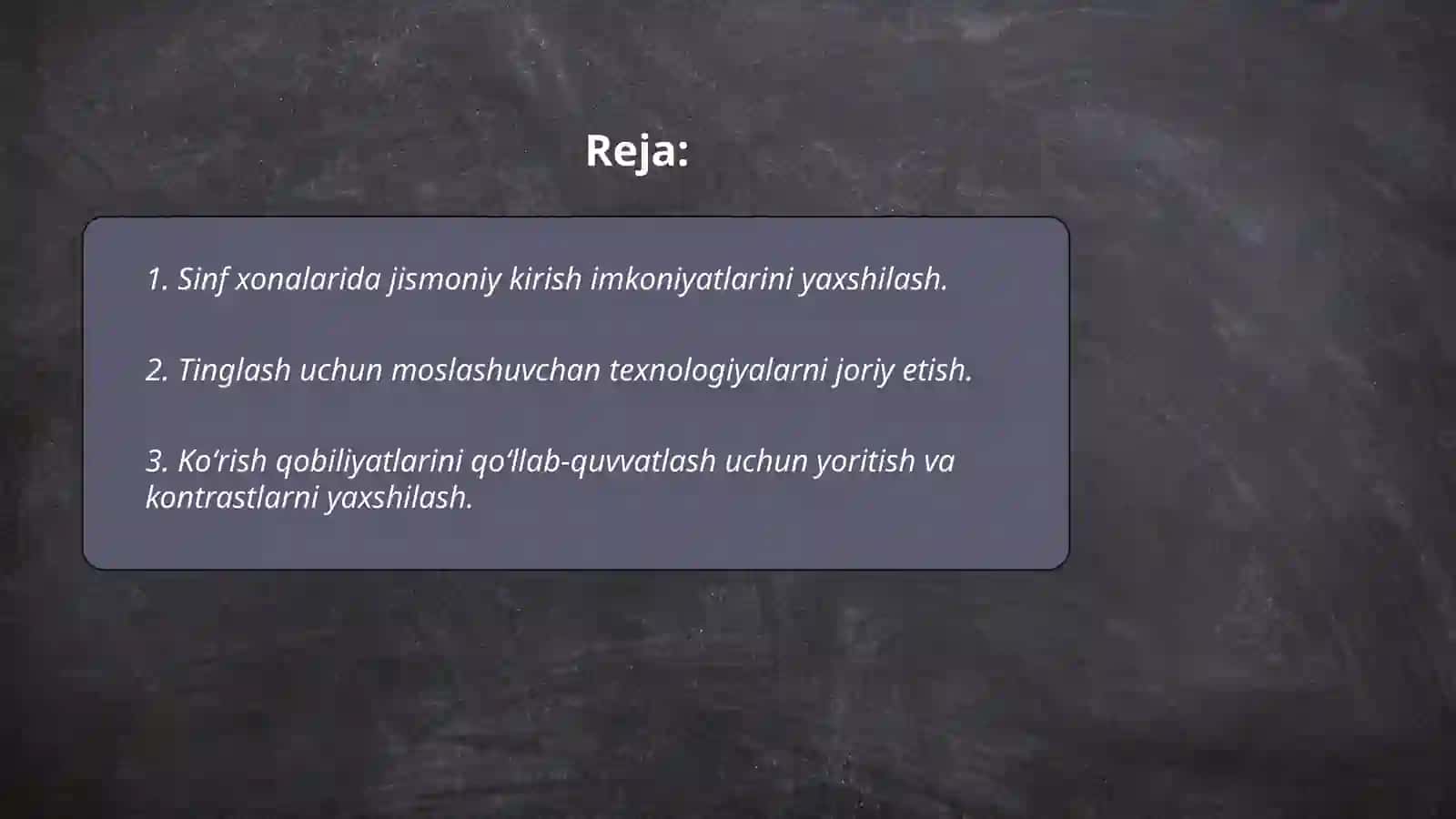 Koʻrishida, eshitishda va yengil darajadagi aqliy rivojlanishida muammosi boʻlgan bolalar inklyuziv taʼlimida sinf xonalari va dars jarayonini moslashtirish 2