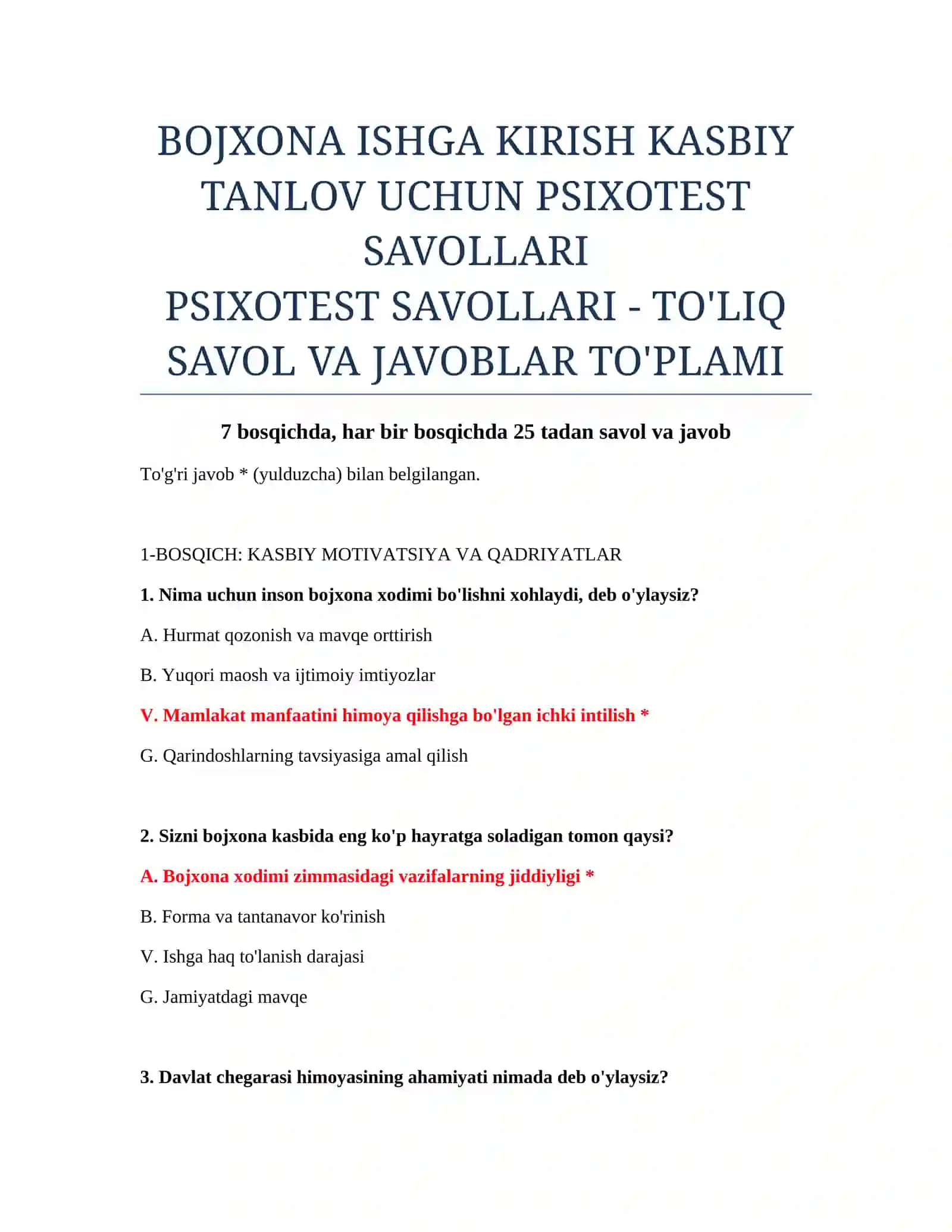 PSIXOTEST SAVOLLARI - TO'LIQ SAVOL VA JAVOBLAR TO'PLAMI 2