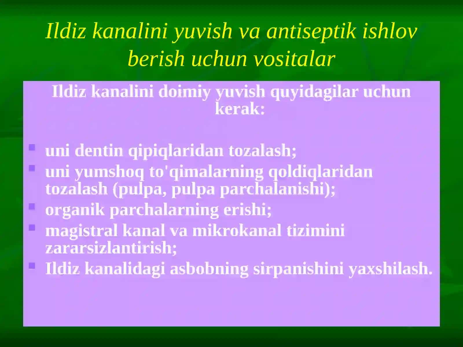 Ildiz kanallari tizimiga medikamentoz  ishlov berishda qo’llaniladigan antiseptiklar 2