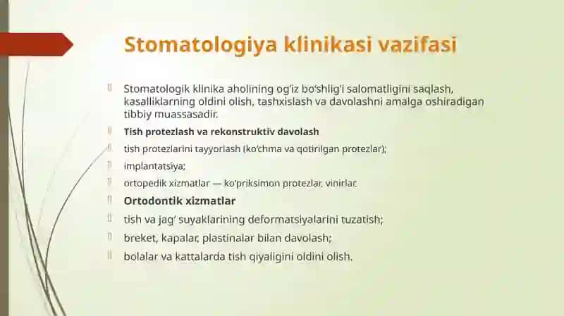 Stomatologiya klinikasi, uning turlari, kategoriyalari. Tibbiy xodimlarning kadrlar bilan taminlash standartlari va funksional majburiyatlari. Tish klinikasinimg hujjatlari 2