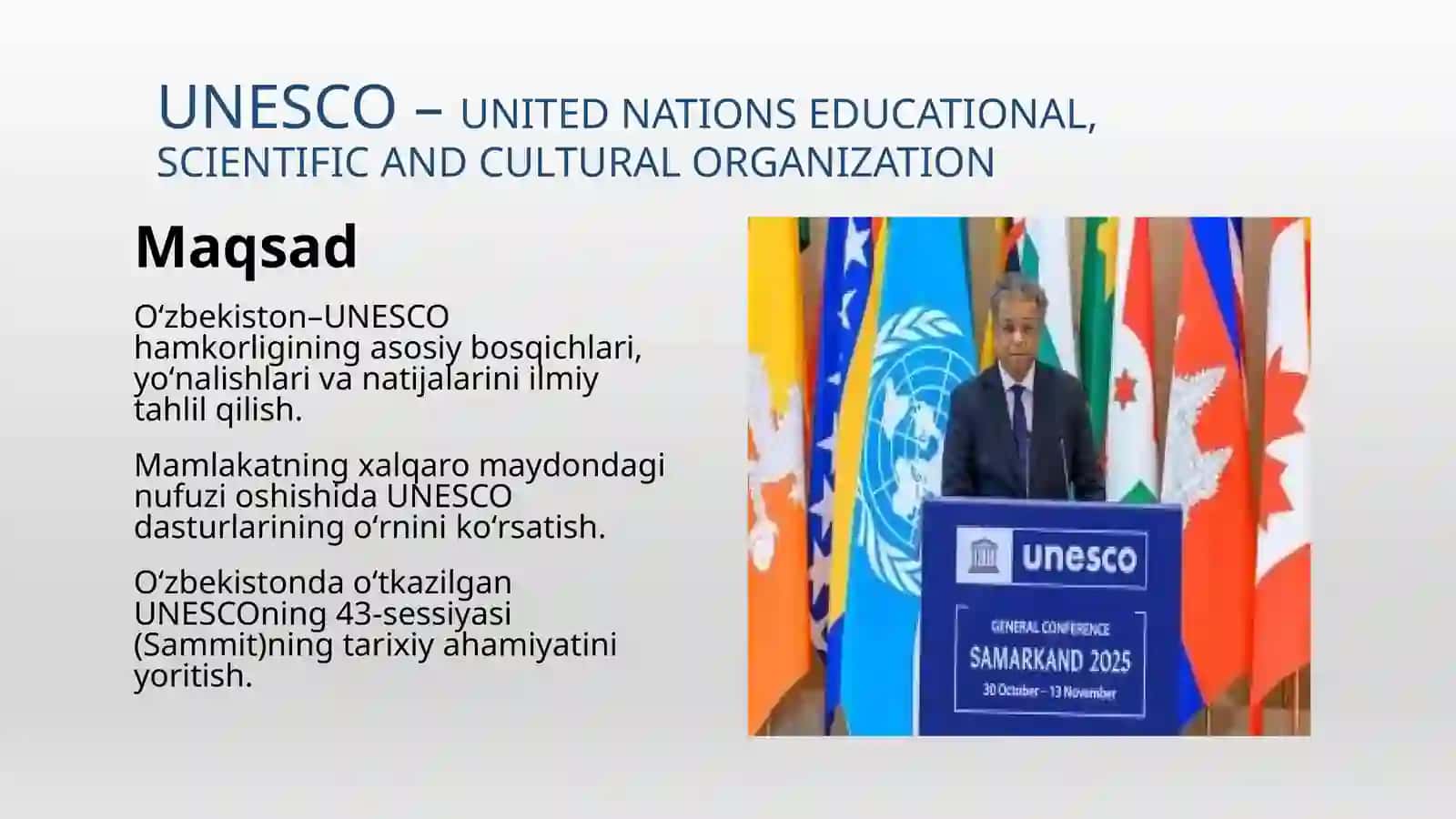 UNESCO– Birlashgan Millatlar Tashkilotining taʼlim, fan va madaniyat sohasidagi ixtisoslashgan muassasasi 2