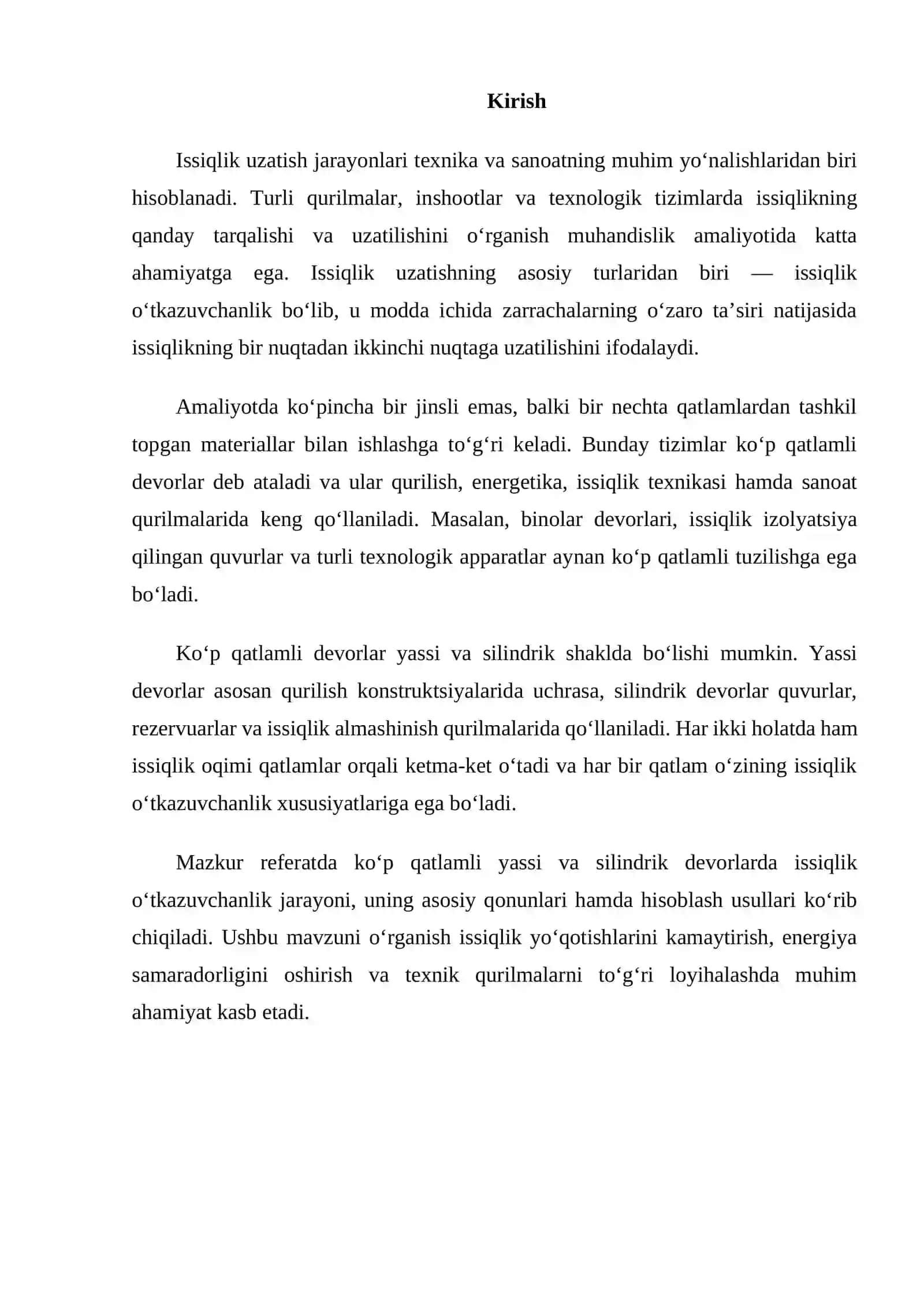 Ko‘p qatlamli yassi va silindrik devorning issiqlik o‘tkazuvchanligi 2