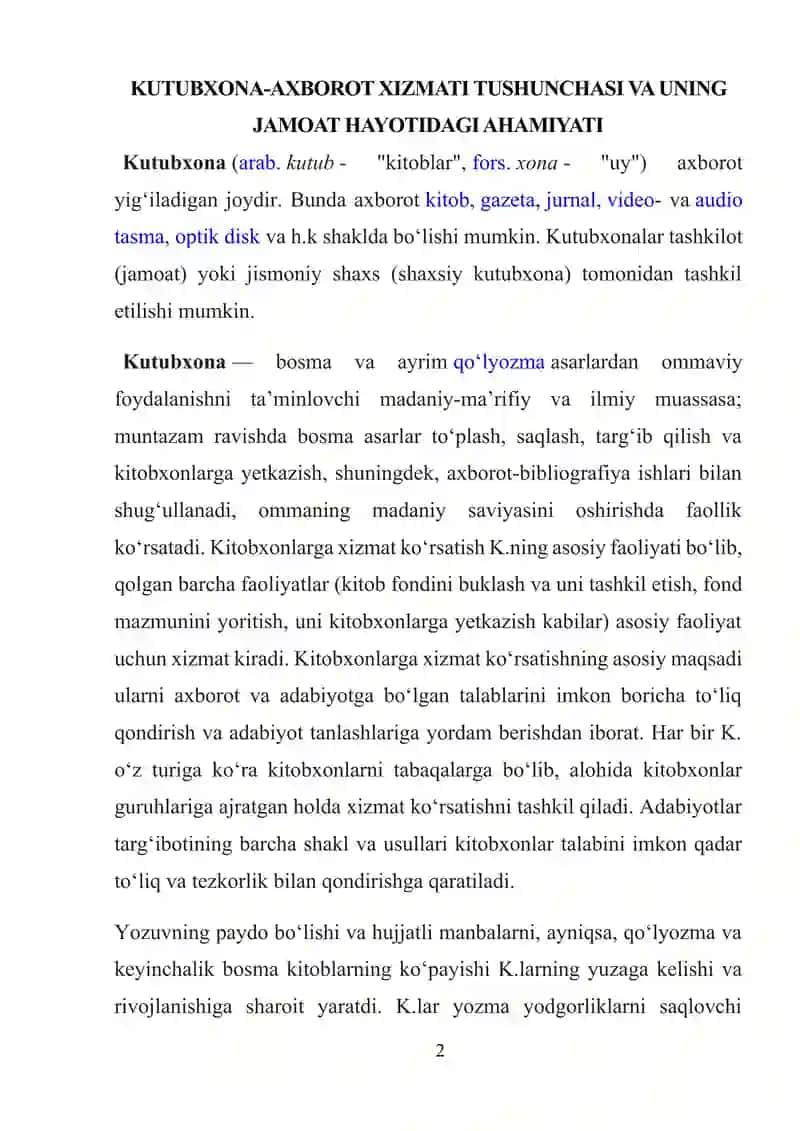 KUTUBXONA-AXBOROT XIZMATI KO‘RSATISHNING XALQARO MIQYOSDAGI VA MAMLAKATIMIZDAGI HUQUQIY-ME’YORIY ASOSLARI 2