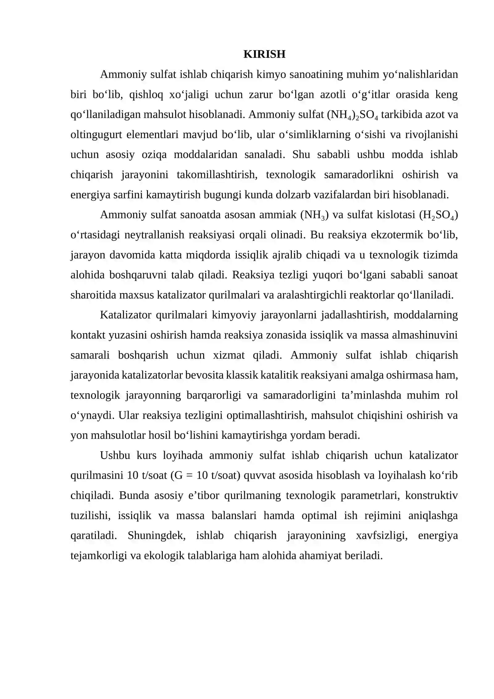 Ammoniy sulfat ishlab chiqarishda katalizator qurilmasi. G=10 t/soat 2