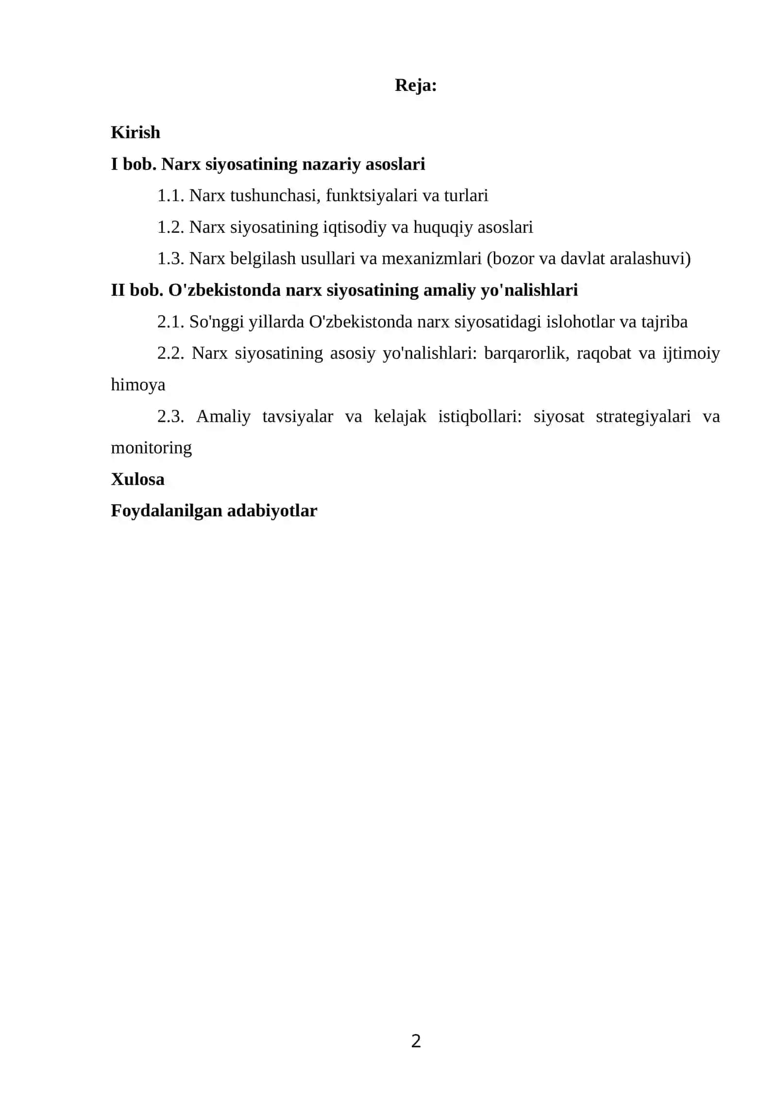 O'ZBEKISTONDA NARX SIYOSATI VA UNING ASOSIY YO’NALISHLARI MAVZUSIDAGI KURS ISHI 2