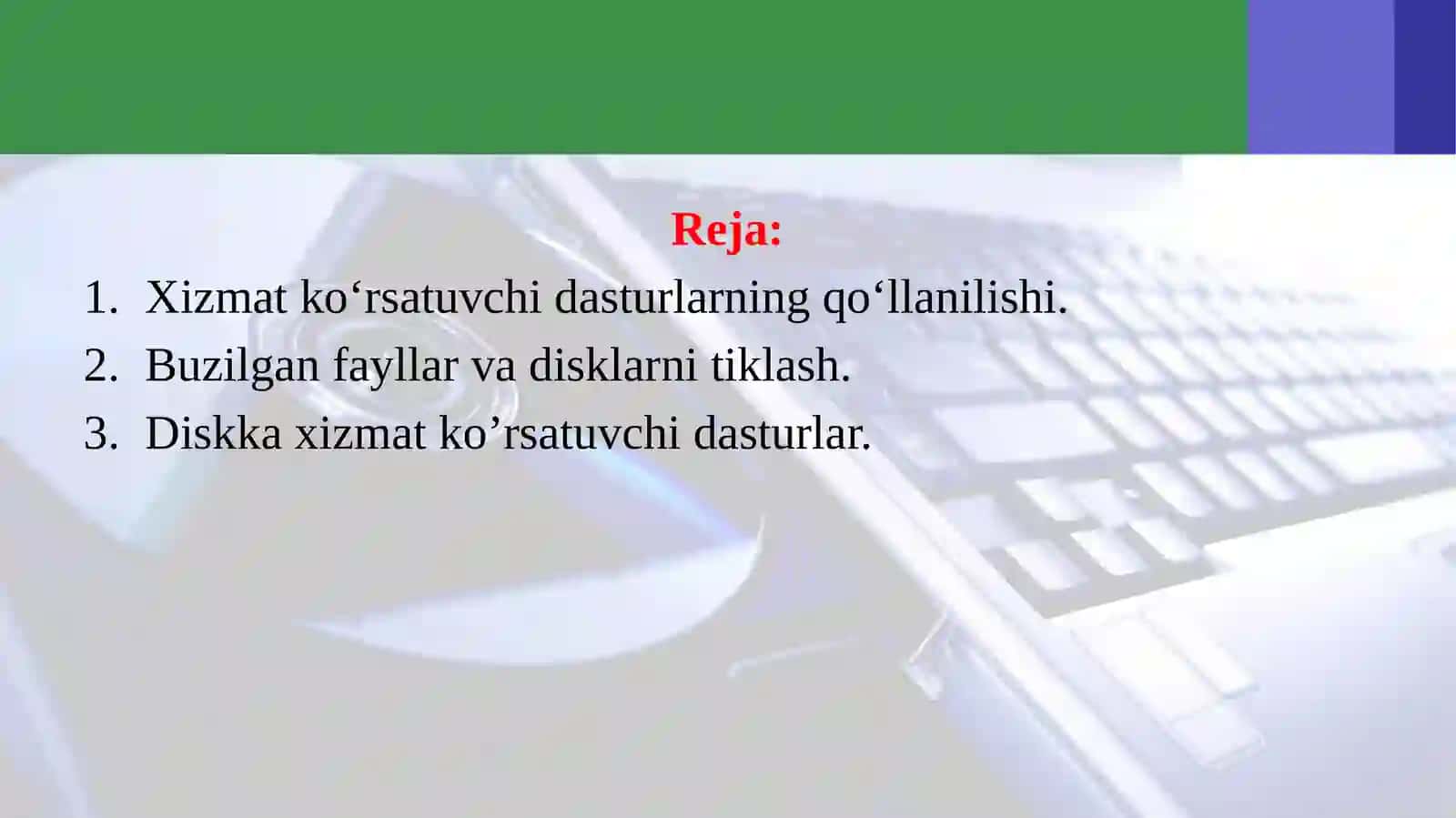 Disklarga xizmat ko’rsatuvchi dasturlar: shikastlangan fayllar va disklarni tiklash, disklarni fragmentasiyasini bekor qilish, ularning ishini tezlashtirish 2