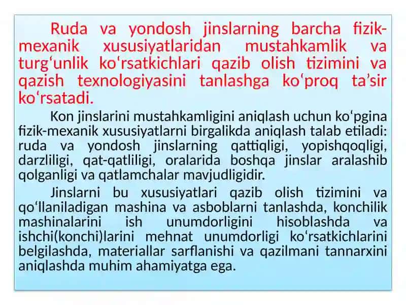 Ruda va yondosh jinslarning fizik-mexaniktavsifi 2