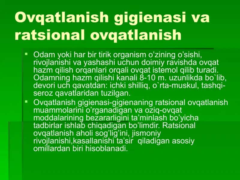 Rasiyonal ovqatlanish asoslari. Ratsanol ovqatlanishga oʻrganish metodikasi va harakatlantiruvchi sifatlari. 2
