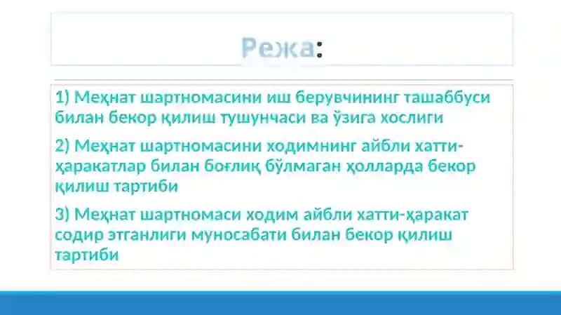 Меҳнат шартномасини иш берувчининг ташаббусига кўра бекорқилиш 2