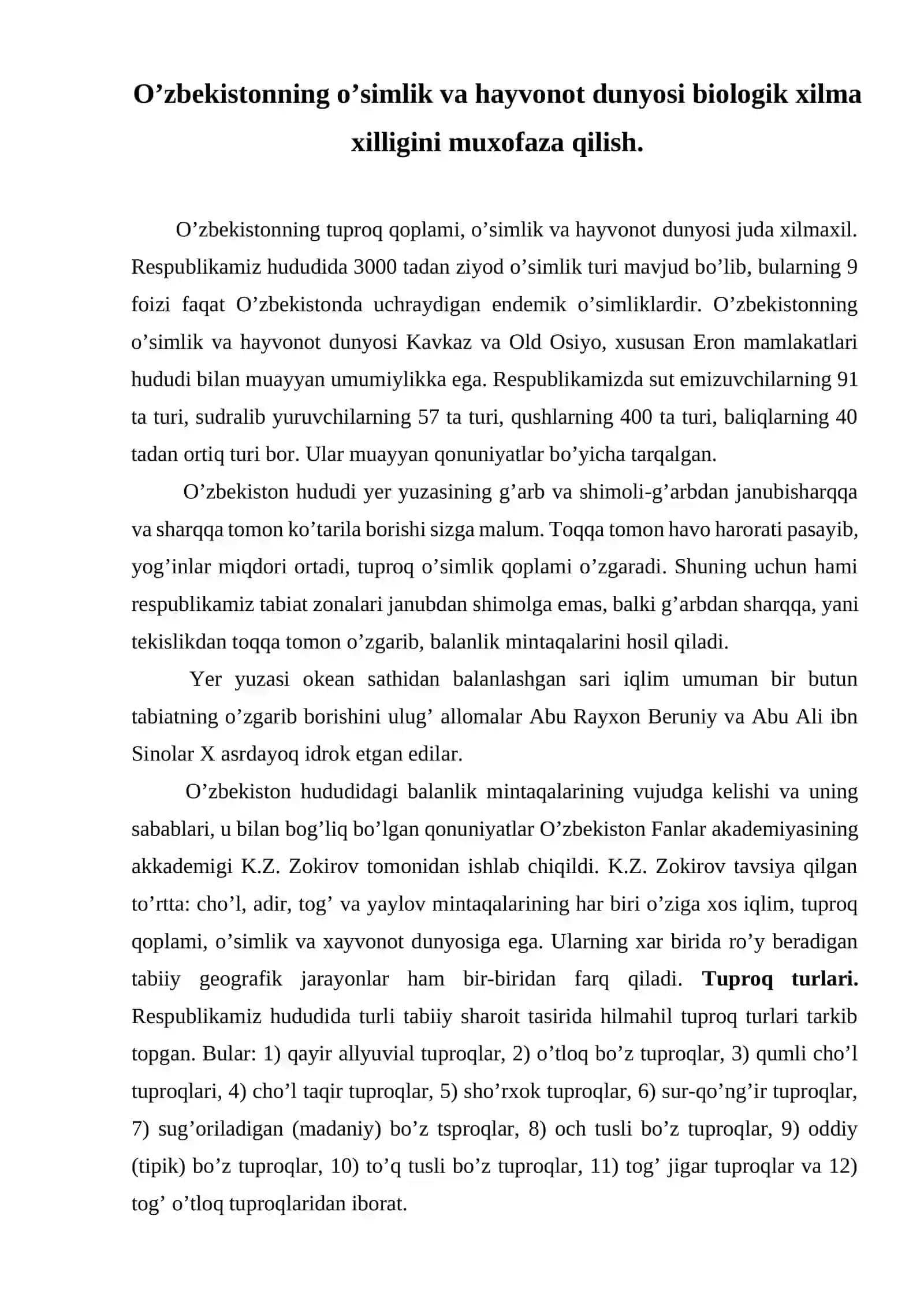O’zbekistonning o’simlik va hayvonot dunyosi biologik xilma xilligini muxofaza qilish 2