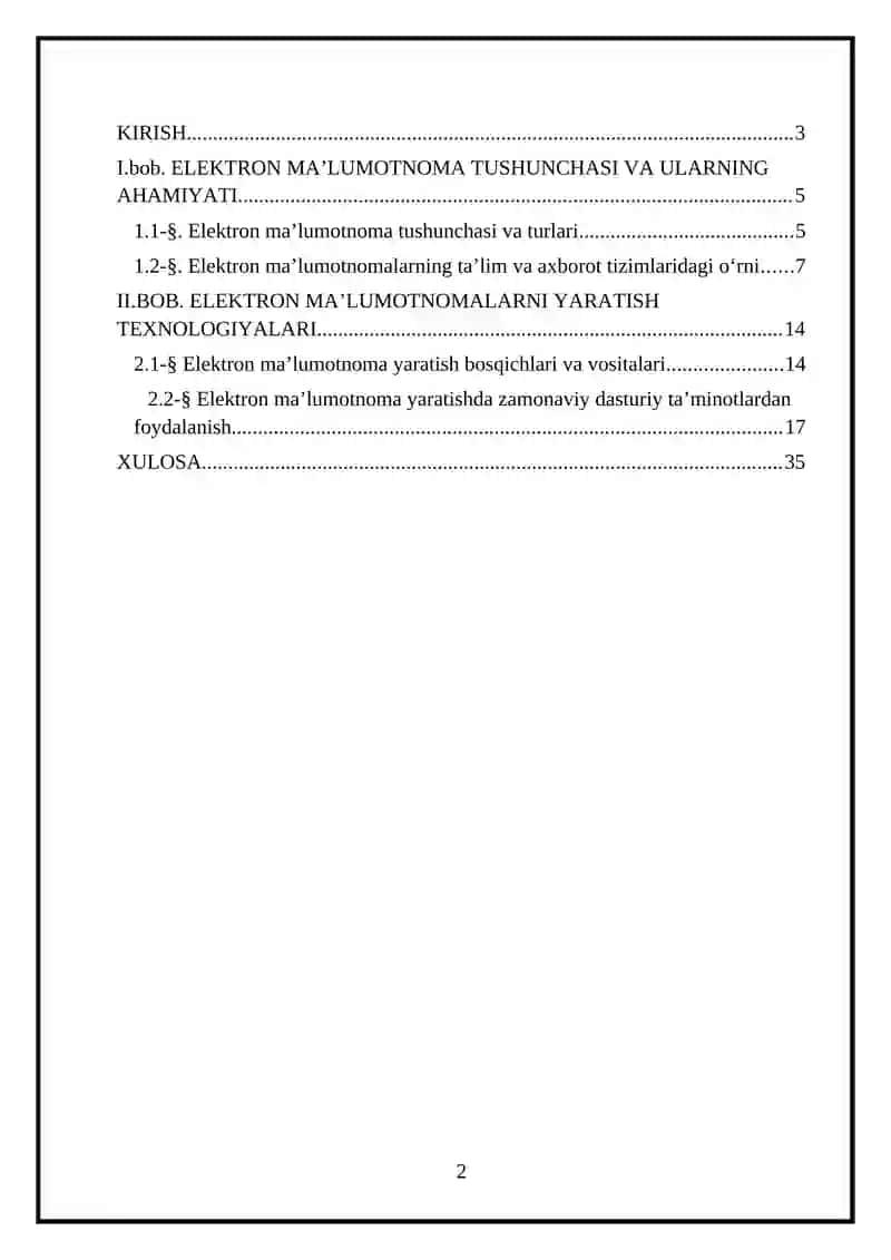 ELEKTRON MA’LUMOTNOMA VA ULARNI YARATISH 2