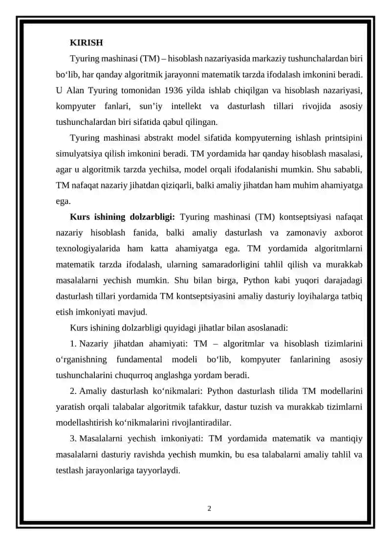 Tyuring mashinasi masalalari uchun dasturlar tuzish 2