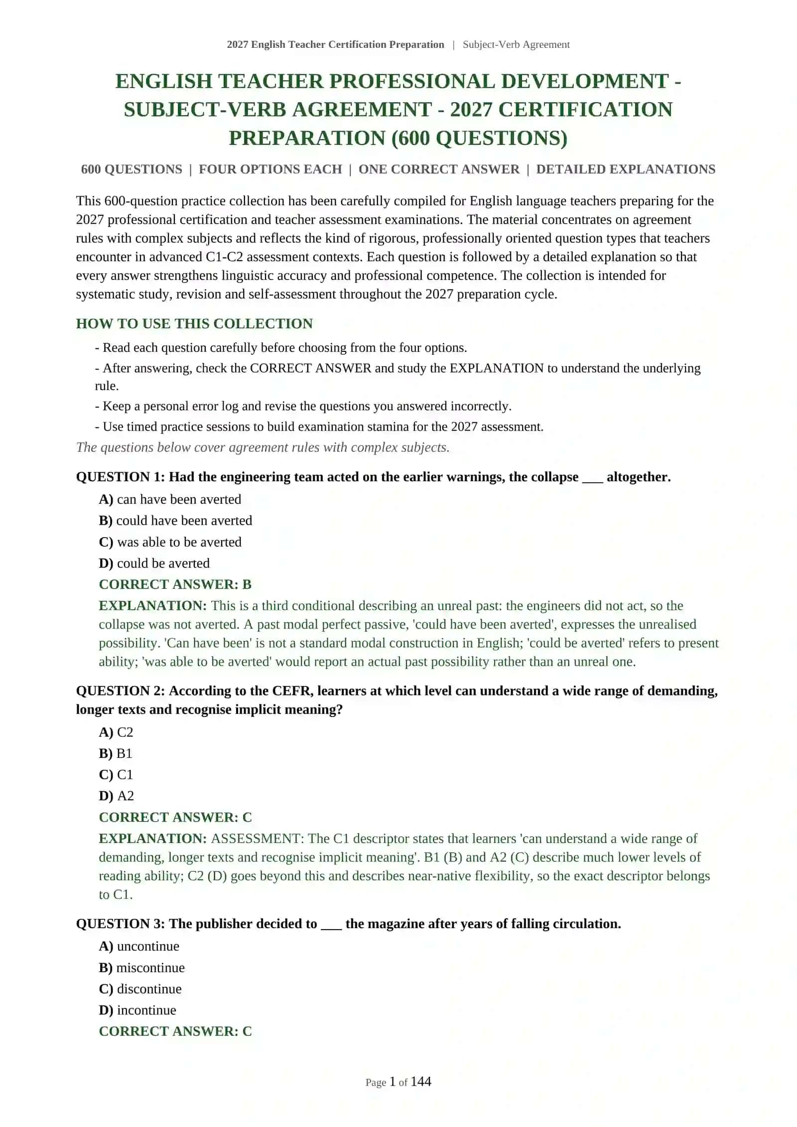 2027 English Teacher Certification Preparation | Subject-Verb Agreement 2