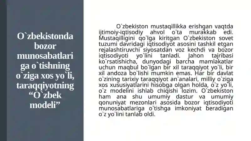 Iqtisodiy islohotlar, uning bosqichlari.O`zbekistonda bozor munosabatlarining rivojlanishi 2