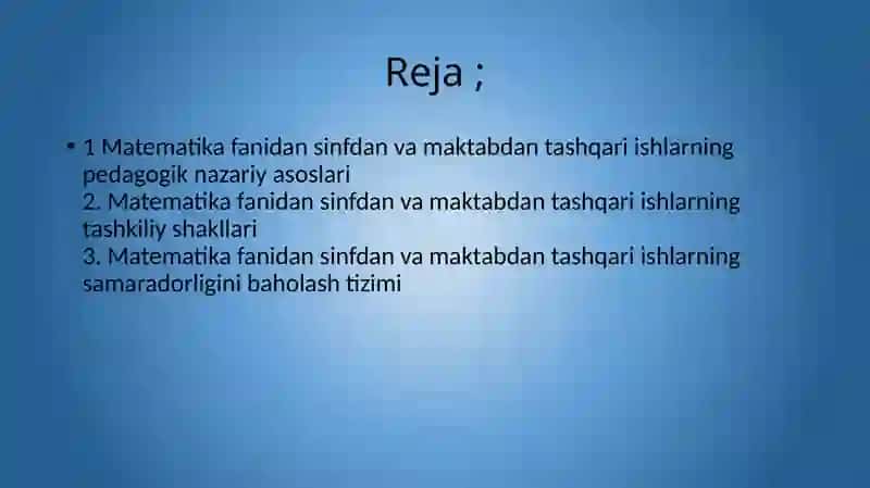 Matematika fanidan va maktabdan tashqari ishlarni tashkil qilish 2