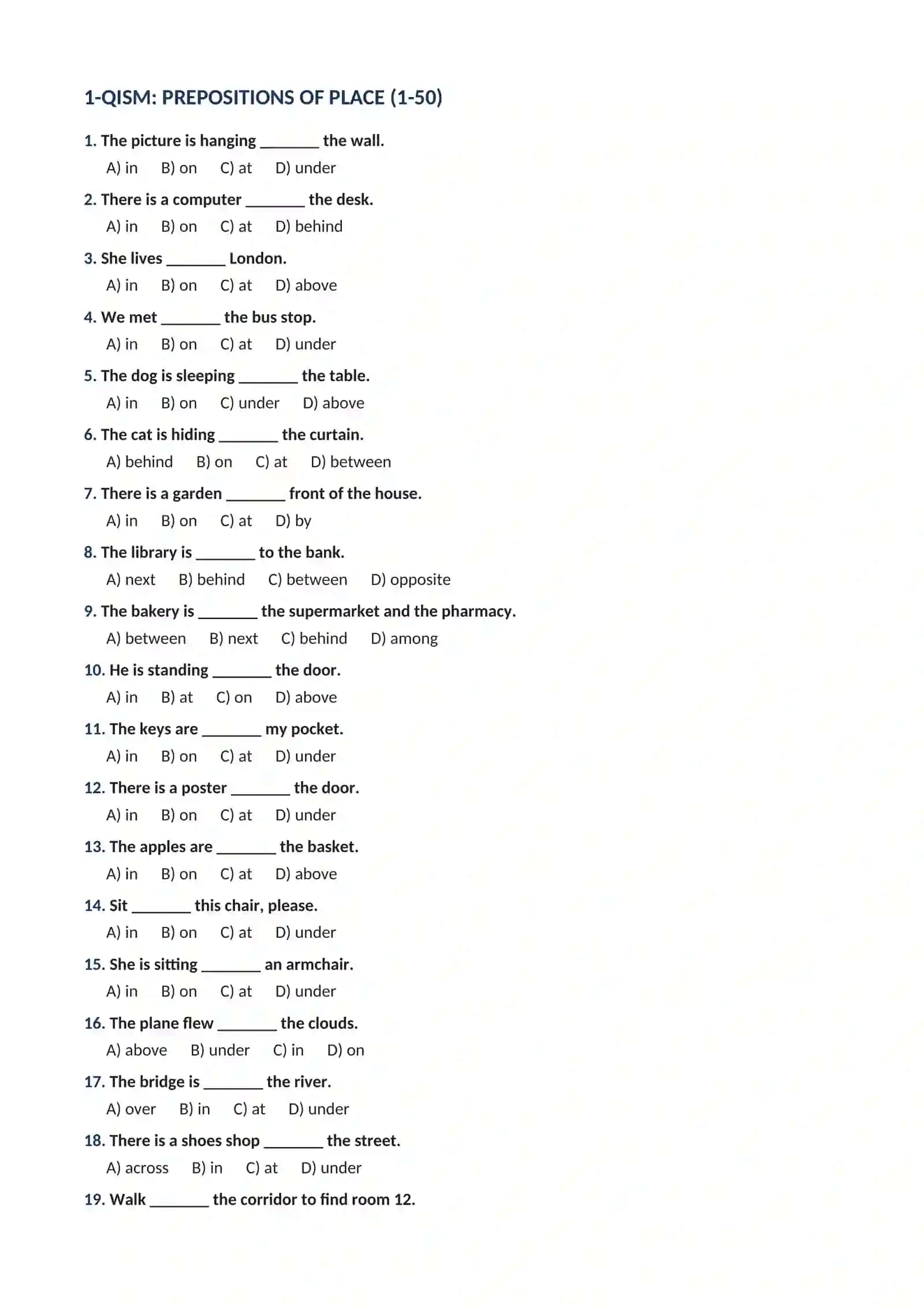 PREPOSITIONS OF PLACE: 100 TA TEST TOPSHIRIQLARI .O'rin-joy predloglariga oid 100 ta test 2