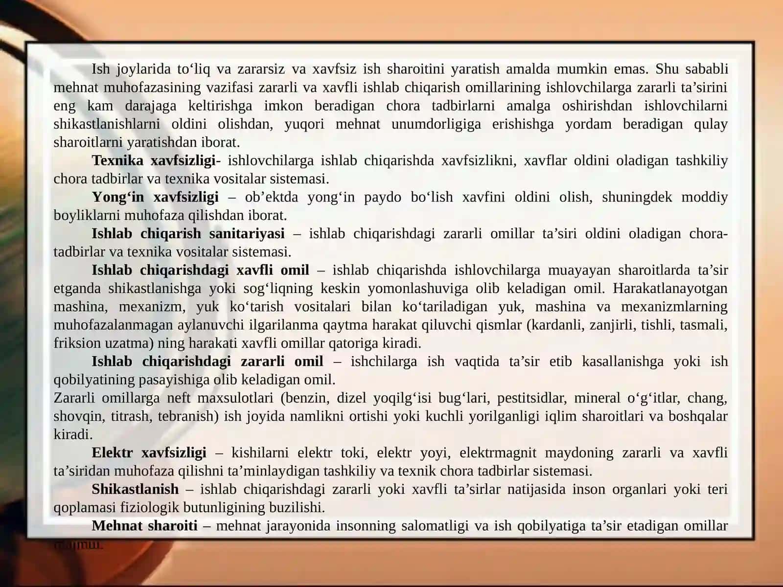 Hayot faoliyati xavfsizligining komfort sharoitlari, ishchi o‘rnini ergonomikasini o‘rganish 2