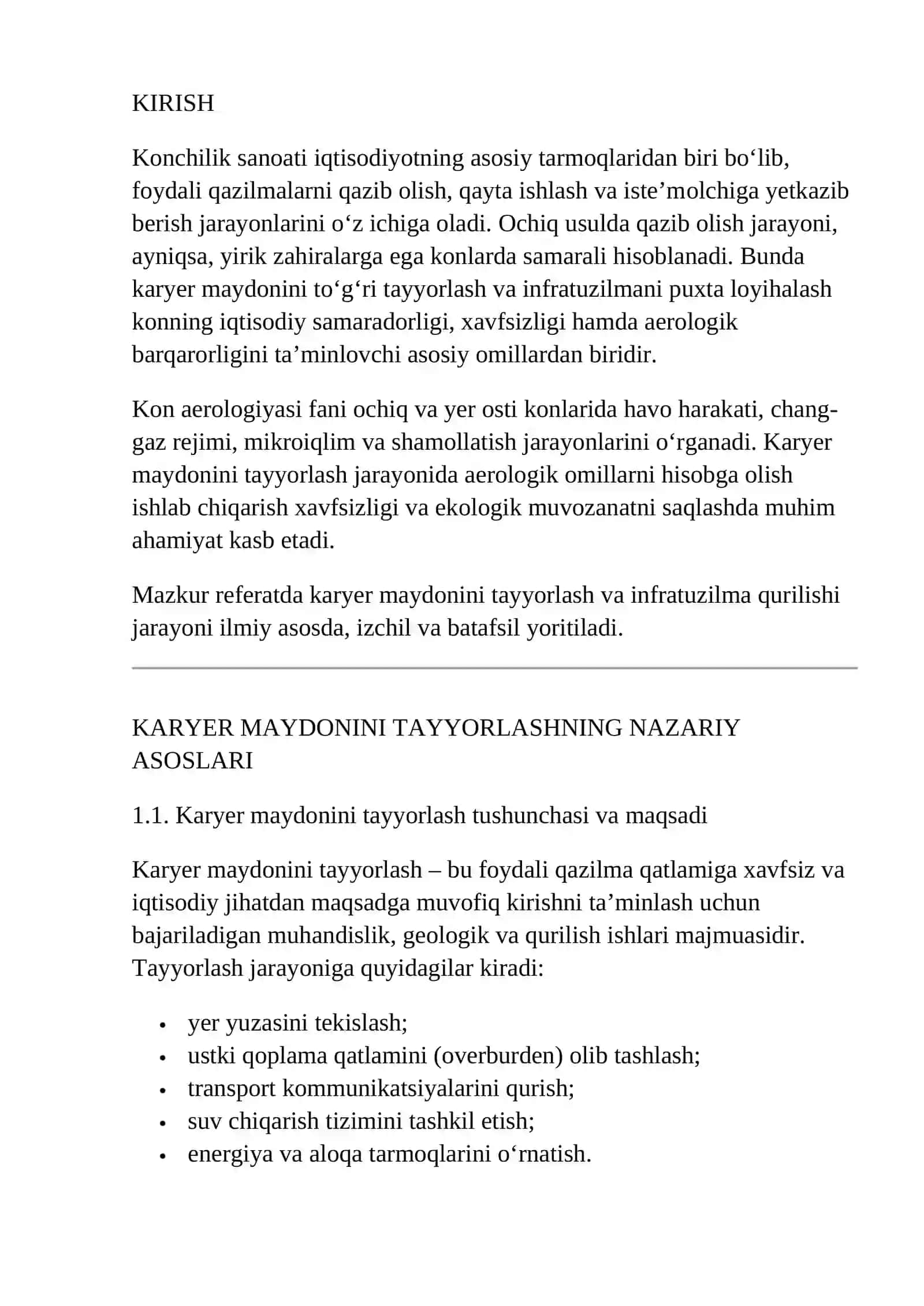 KARYER MAYDONINI TAYYORLASH VA INFRATUZILMA QURILISHI 2