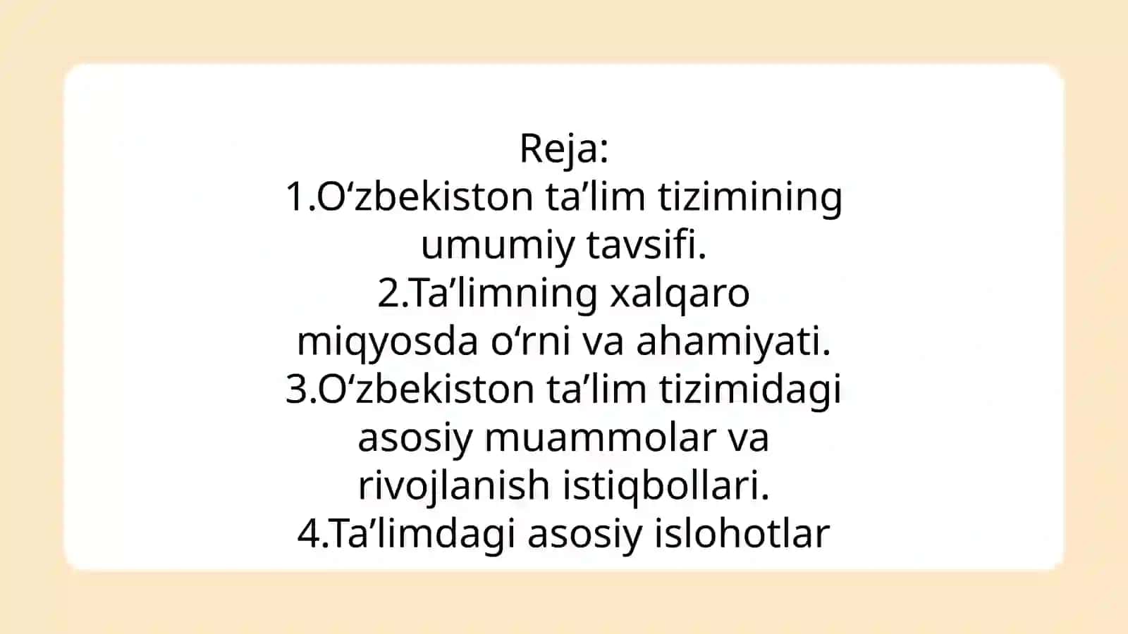 O'ZBEKISTON RESPUBLIKASIDA TA'LIM SOHASIDA AMALGA OSHIRILGAN ISLOHOTLAR. 2
